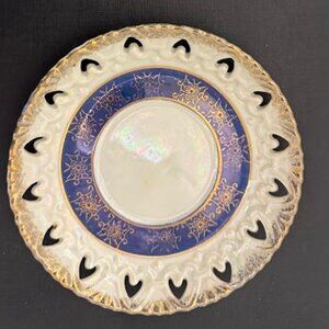 Set of 2 Vintage 6" Iridescent China Saucers Blue & White w/ Gold Trim